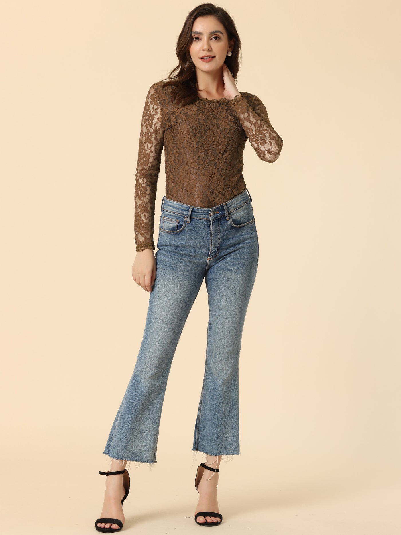 Allegra K Crew Neck Sheer Long Sleeve Flower Embroidery Lace Blouse