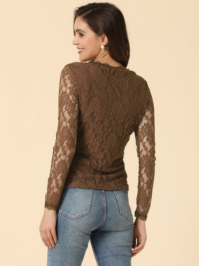 Crew Neck Sheer Long Sleeve Flower Embroidery Lace Blouse