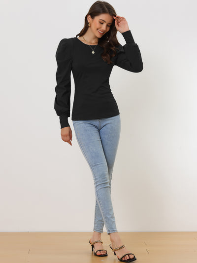 Puff Long Sleeve Round Neck Casual Office Solid Shirt