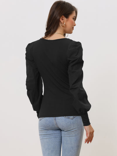 Puff Long Sleeve Round Neck Casual Office Solid Shirt