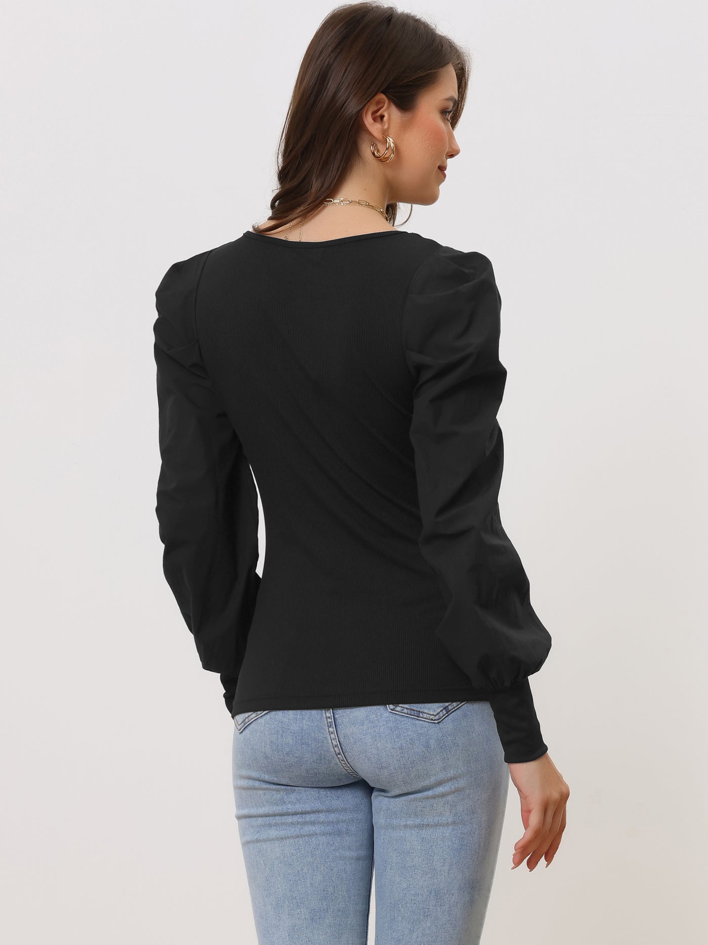 Allegra K Puff Long Sleeve Round Neck Casual Office Solid Shirt
