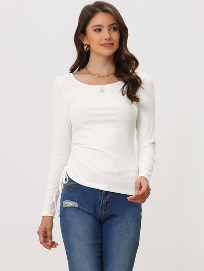 Drawstring Ruched Round Neck Long Sleeve Irregular Hem Basic T-shirt