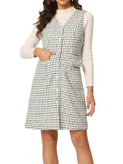 V Neck Button Down Pockets Vintage Sleeveless Plaid Tweed Dress