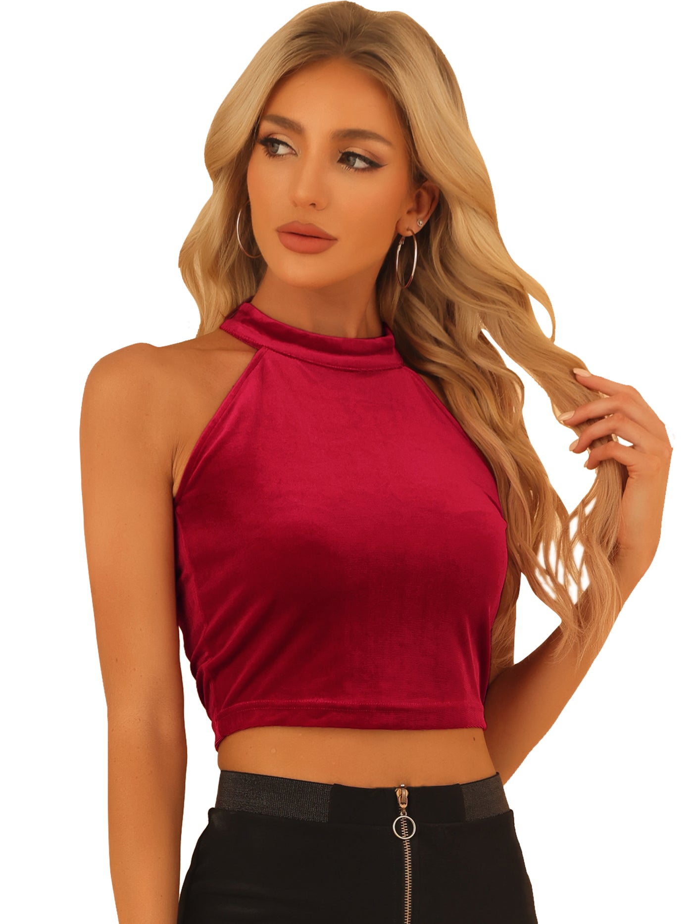 Allegra K Halter Neck Velvet Velour Basic Layering Party Sleeveless Crop Top