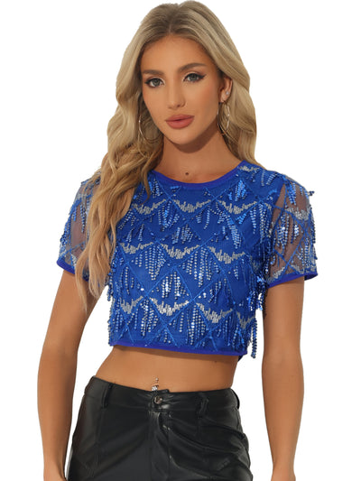 Sequin Glitter Tassel Short Sleeve Party Cropped Tops