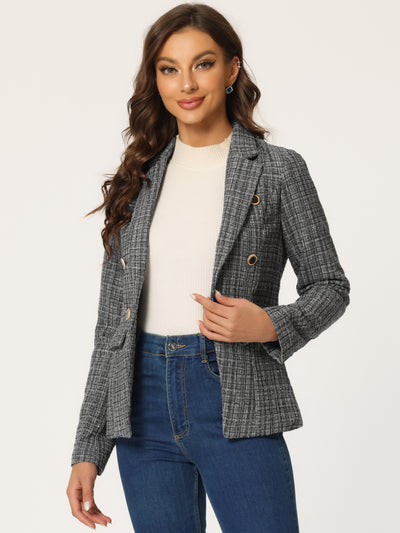 Tweed Plaid Long Sleeves Notched Lapel Open Front Blazer Jacket