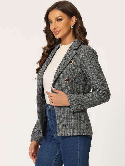 Tweed Plaid Long Sleeves Notched Lapel Open Front Blazer Jacket