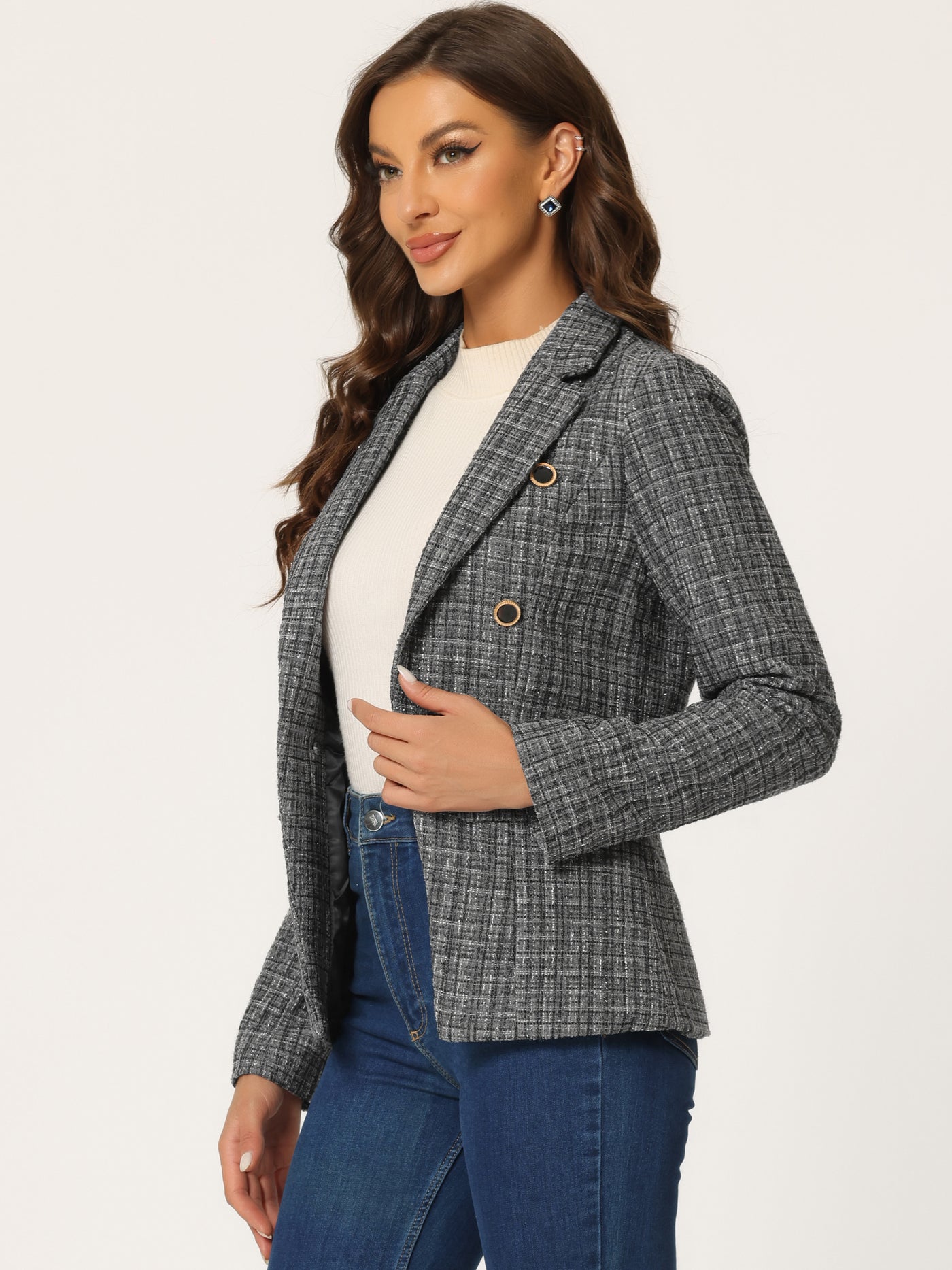 Allegra K Tweed Plaid Long Sleeves Notched Lapel Open Front Blazer Jacket