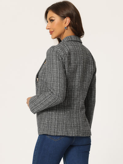 Tweed Plaid Long Sleeves Notched Lapel Open Front Blazer Jacket