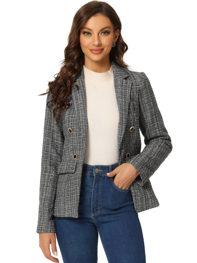 Tweed Plaid Long Sleeves Notched Lapel Open Front Blazer Jacket