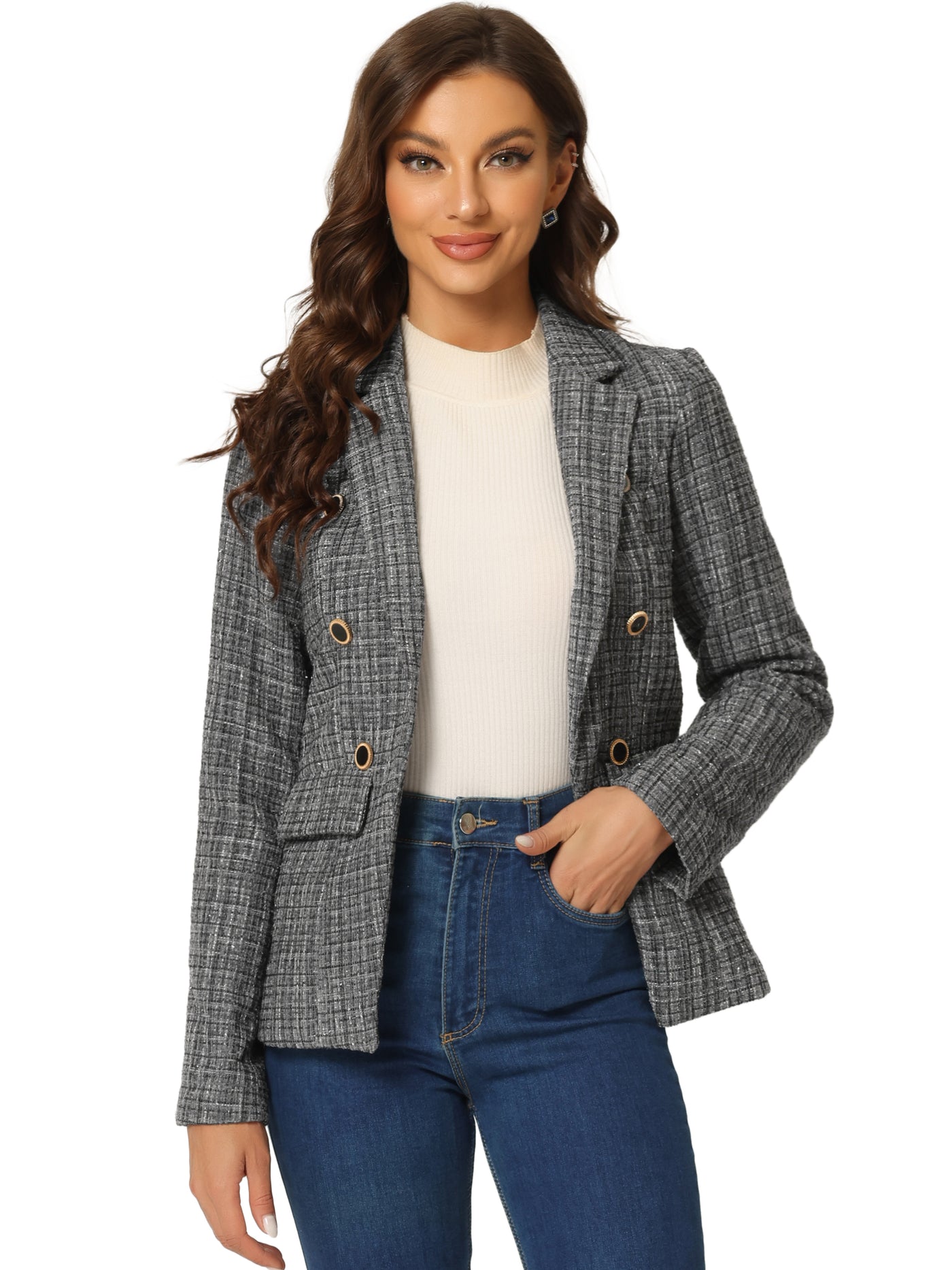 Allegra K Tweed Plaid Long Sleeves Notched Lapel Open Front Blazer Jacket