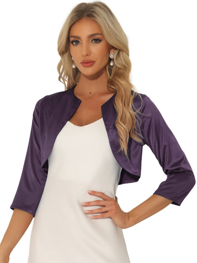 Satin Cardigan Elegant 3/4 Sleeve Solid Bolero Shrug Tops