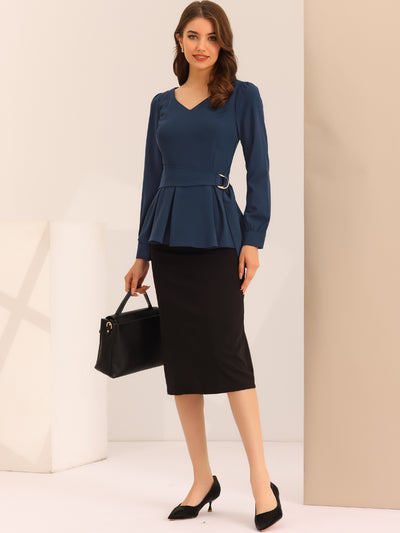 Long Sleeve V Neck Irregular Hem Belted Peplum Blouse