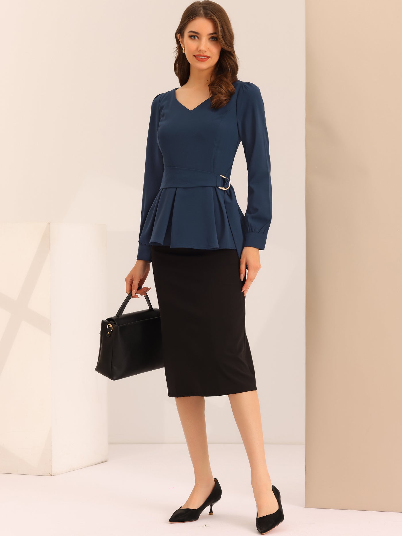 Allegra K Long Sleeve V Neck Irregular Hem Belted Peplum Blouse