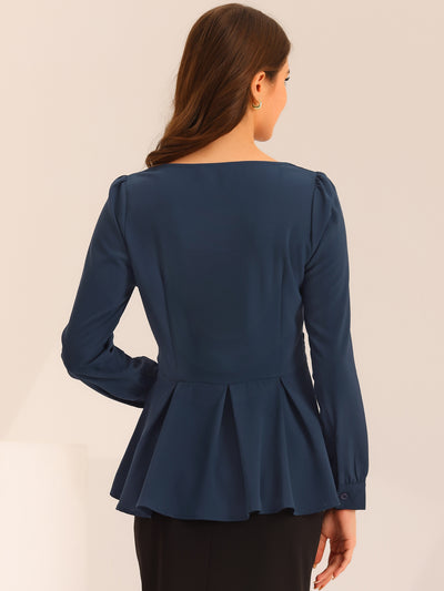 Long Sleeve V Neck Irregular Hem Belted Peplum Blouse