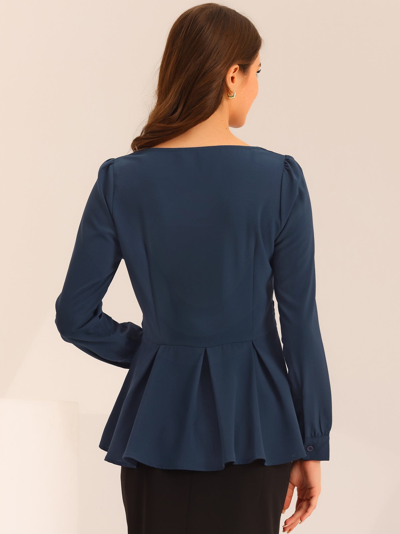 Allegra K Long Sleeve V Neck Irregular Hem Belted Peplum Blouse