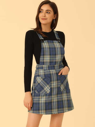 Adjustable Strap Above Knee Plaid Printed Overall Suspender Skirt