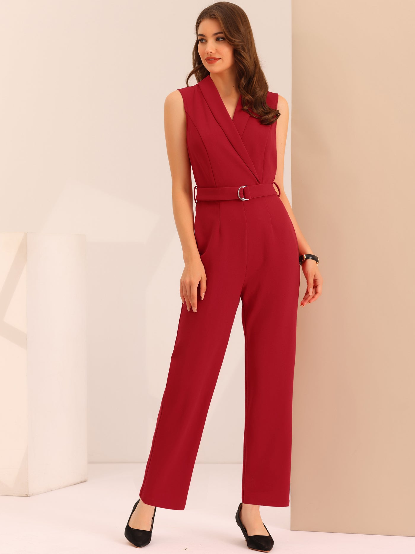 Allegra K Elegant Office Work Sleeveless Belted Long Jumpsuit