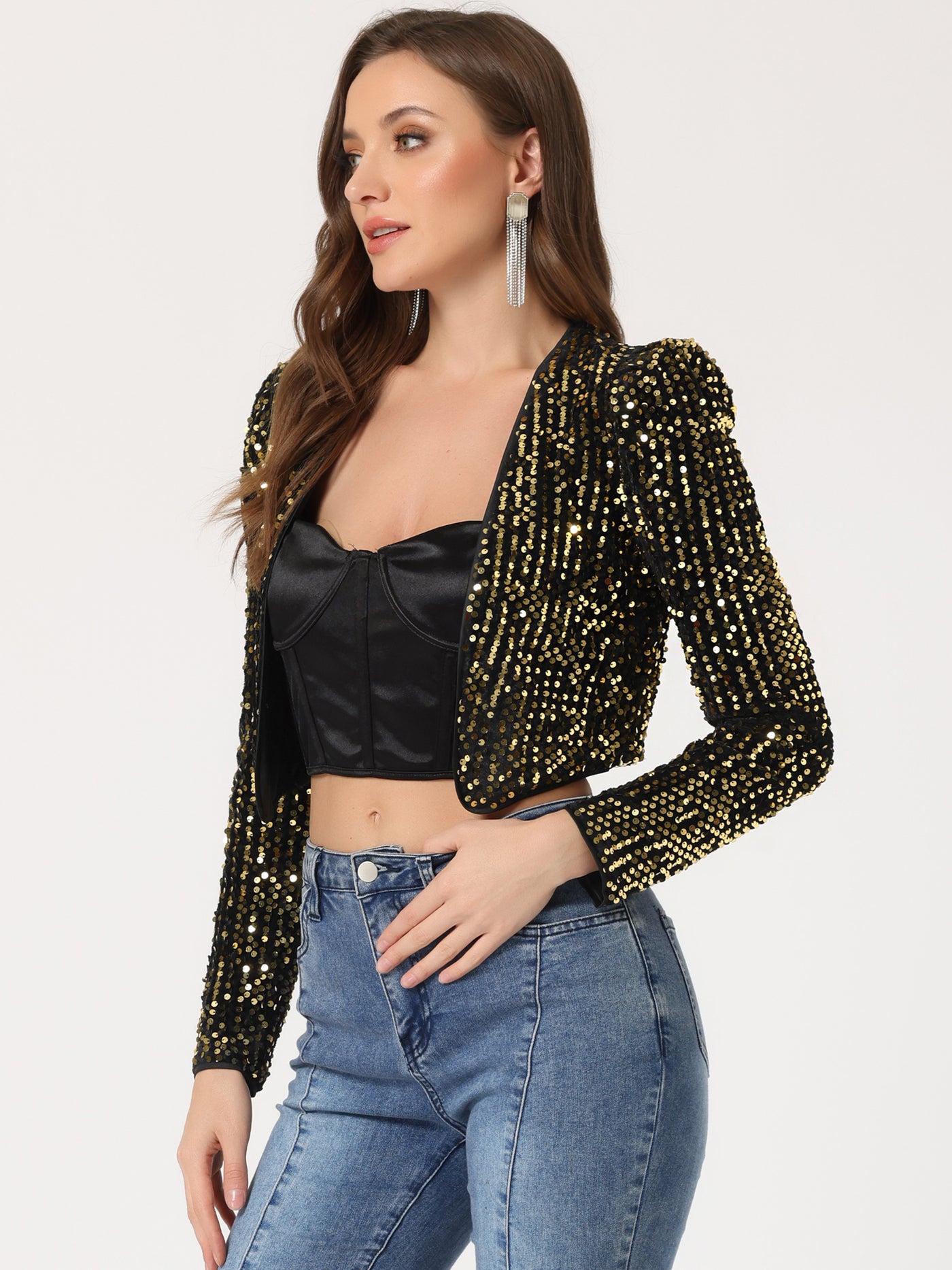 Allegra K Sequin Shrug Open Front Collarless Sparkly Crop Blazer Jacket