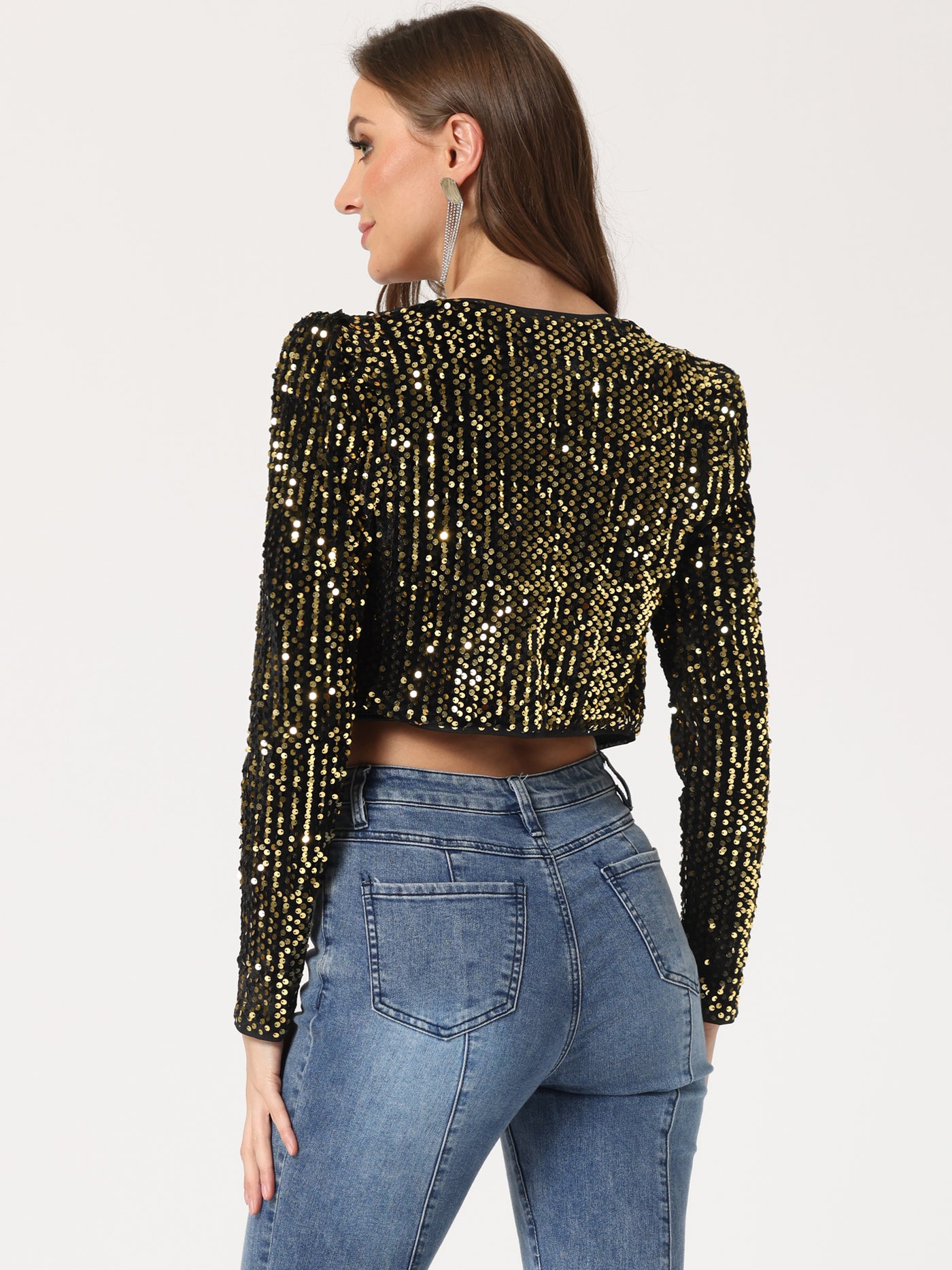 Allegra K Sequin Shrug Open Front Collarless Sparkly Crop Blazer Jacket