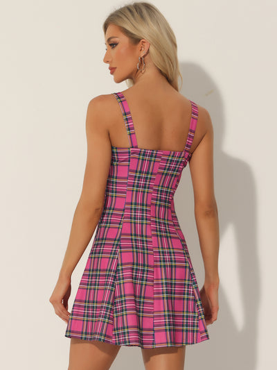 Plaid Zipper Front Party Strap Sleeveless Tube Mini A-Line Dress