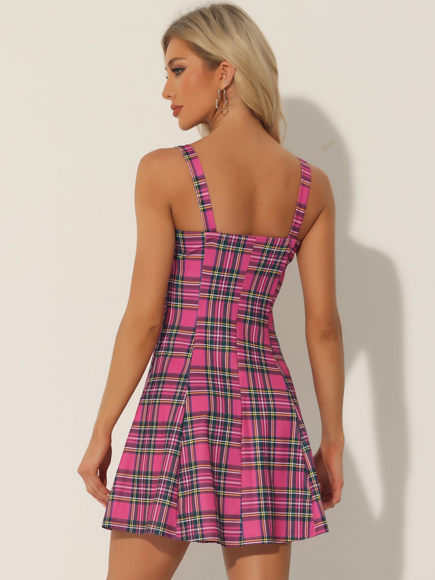 Allegra K Plaid Zipper Front Party Strap Sleeveless Tube Mini A-Line Dress