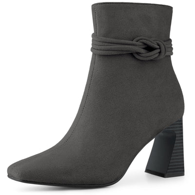 Knot Decor Square Toe Side Zip Chunky Heel Ankle Boots