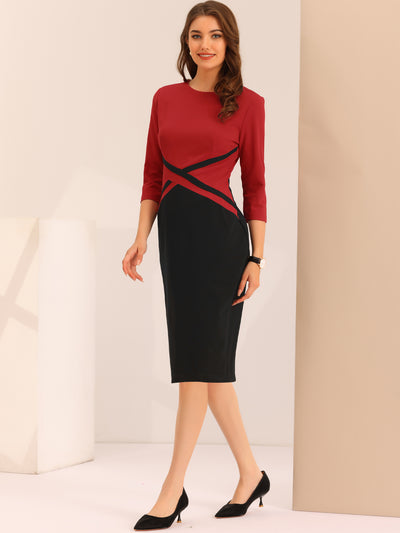 Contrast Color 3/4 Sleeve Bodycon Work Office Pencil Sheath Dress