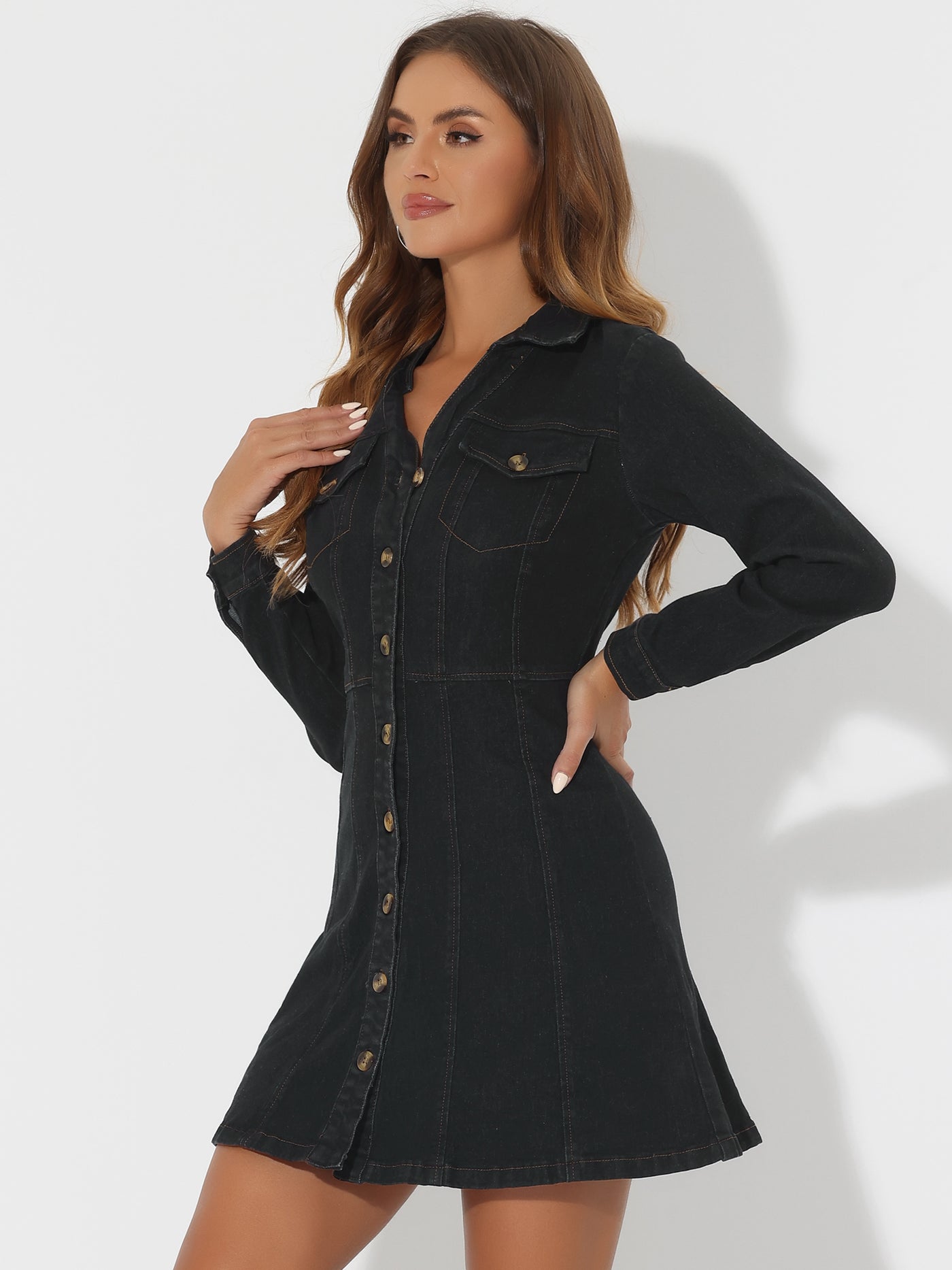 Allegra K Button Down Collar V Neck Long Sleeve A-line Jean Denim Dress