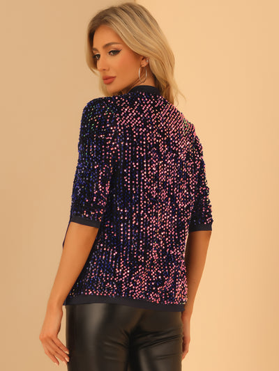 Sequin Cardigan Open Front Collarless 3/4 Sleeve Velvet Jacket