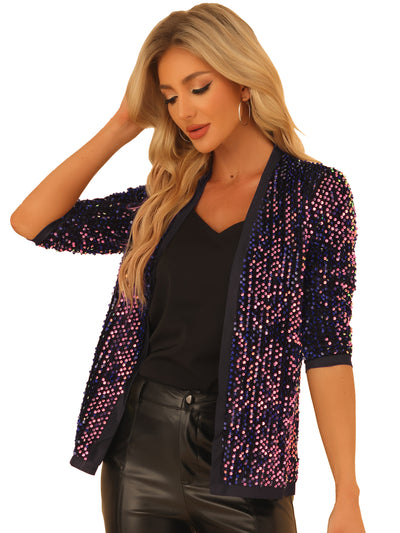 Sequin Cardigan Open Front Collarless 3/4 Sleeve Velvet Jacket