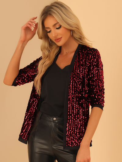 Sequin Cardigan Open Front Collarless 3/4 Sleeve Velvet Jacket