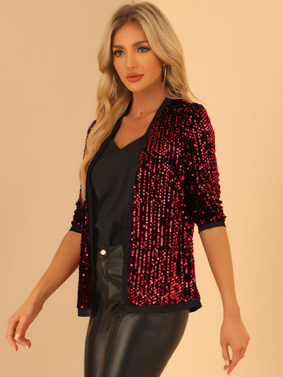 Sequin Cardigan Open Front Collarless 3/4 Sleeve Velvet Jacket