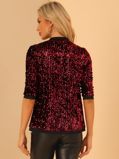 Sequin Cardigan Open Front Collarless 3/4 Sleeve Velvet Jacket