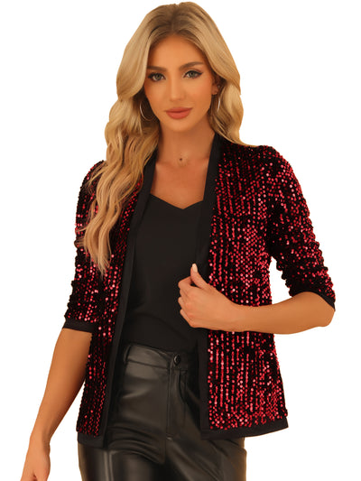 Sequin Cardigan Open Front Collarless 3/4 Sleeve Velvet Jacket