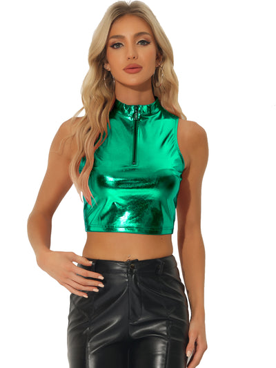 Metallic Crop Tops Mock Neck Zip Up Shiny Holographic Tank Top