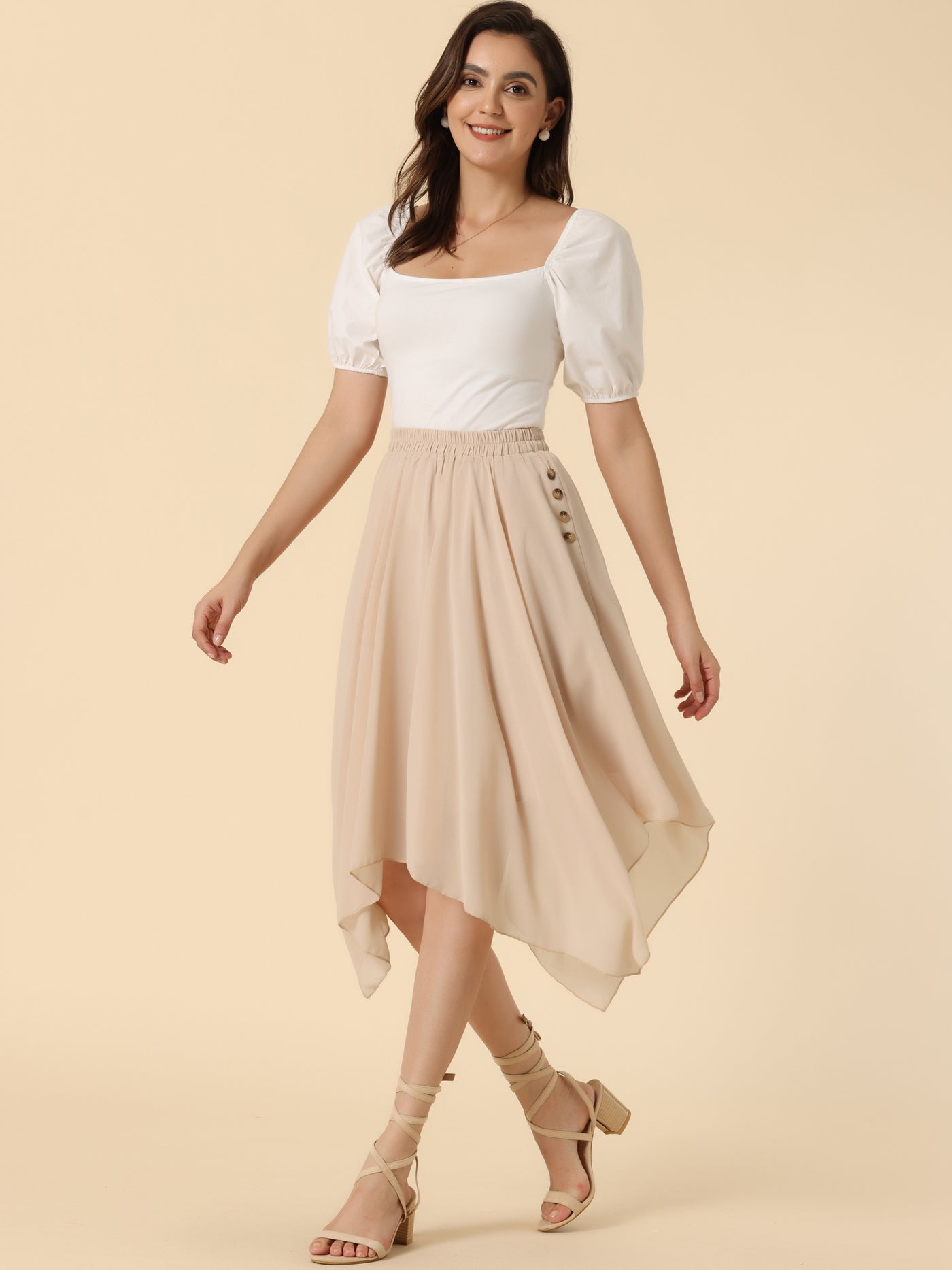 Allegra K Elastic Waist Chiffon Handkerchief Hem Midi Skirt