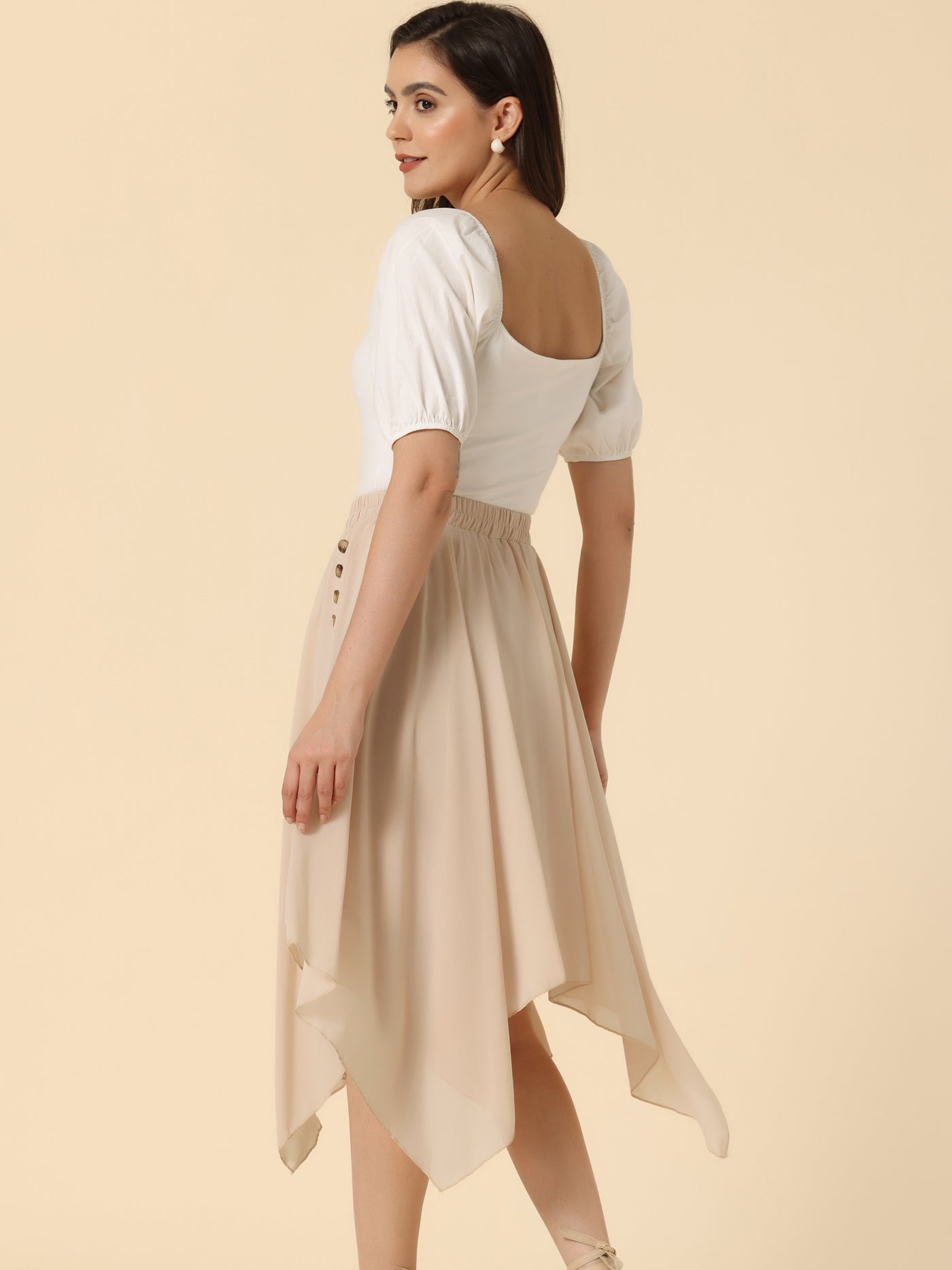 Allegra K Elastic Waist Chiffon Handkerchief Hem Midi Skirt