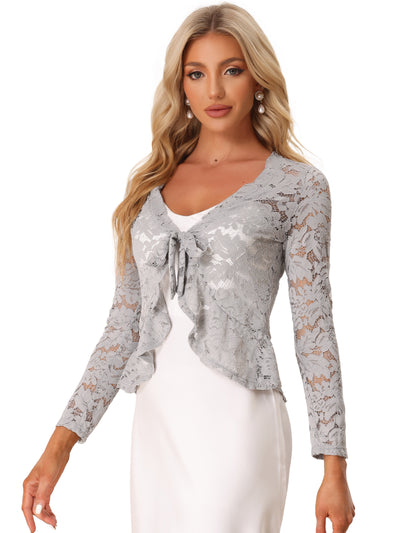 Floral Lace Shrug Tie Front Ruffled Hem Sheer Crop Bolero