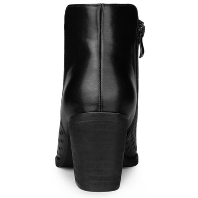 Perforated Chunky Heel Zipper Western Ankle Booties