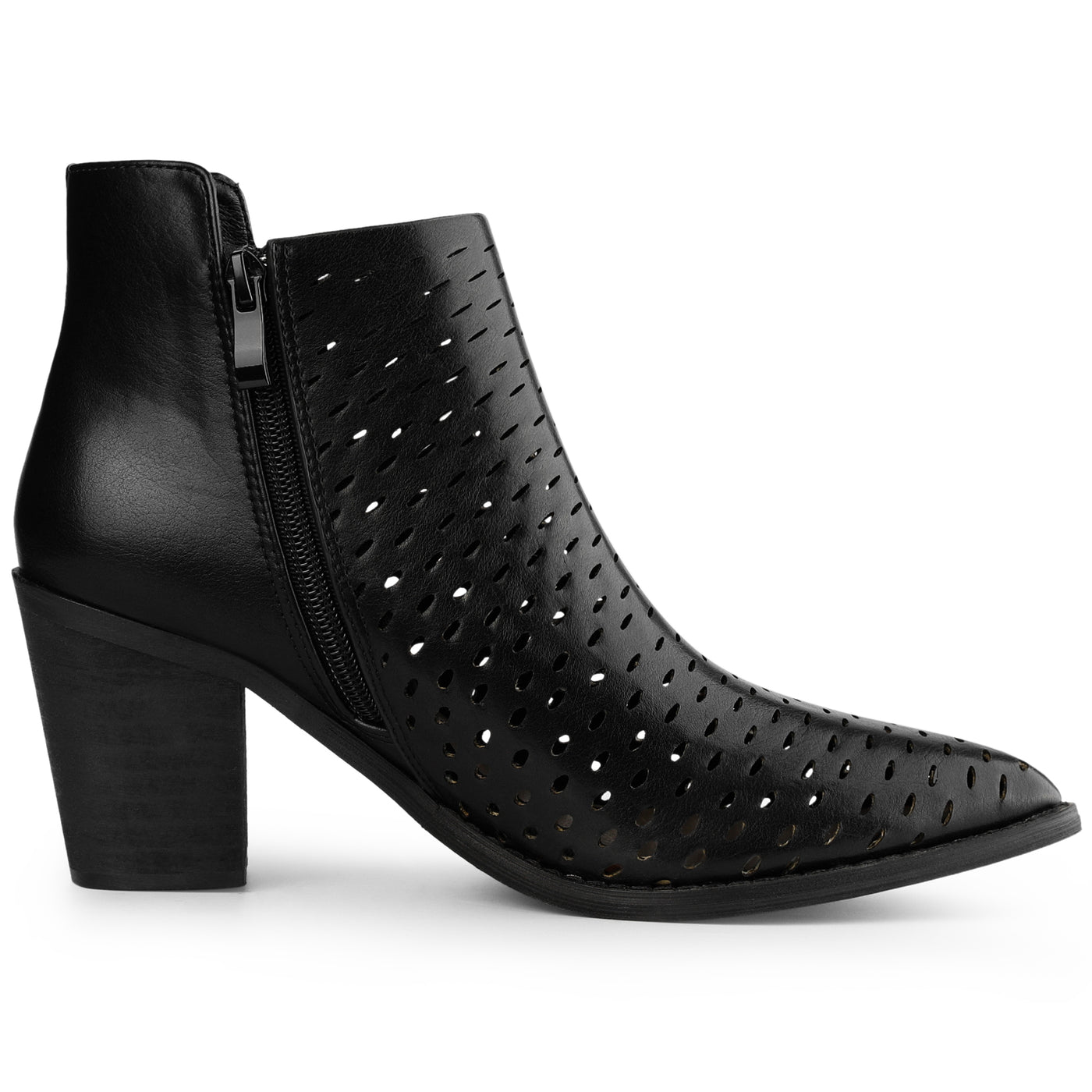 Allegra K Perforated Chunky Heel Zipper Western Ankle Booties