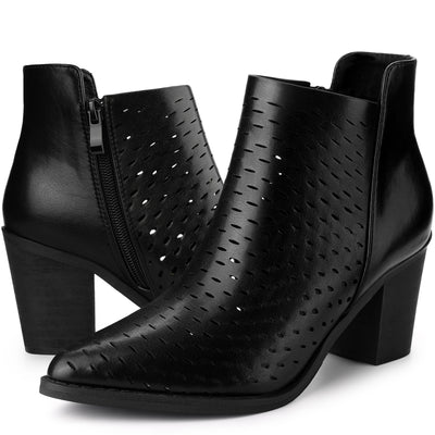 Perforated Chunky Heel Zipper Western Ankle Booties