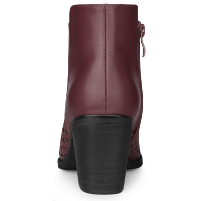 Perforated Chunky Heel Zipper Western Ankle Booties