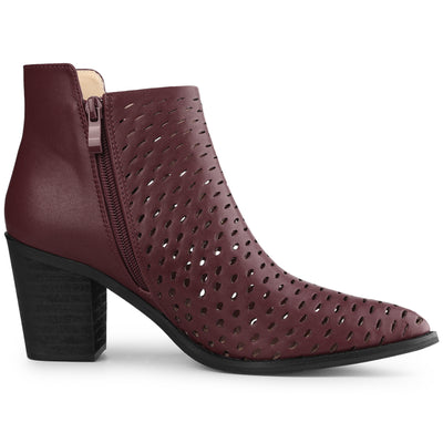 Perforated Chunky Heel Zipper Western Ankle Booties