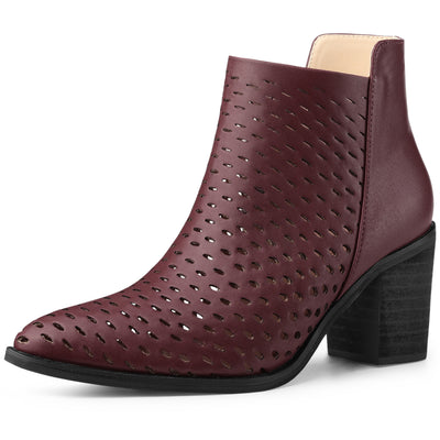 Perforated Chunky Heel Zipper Western Ankle Booties