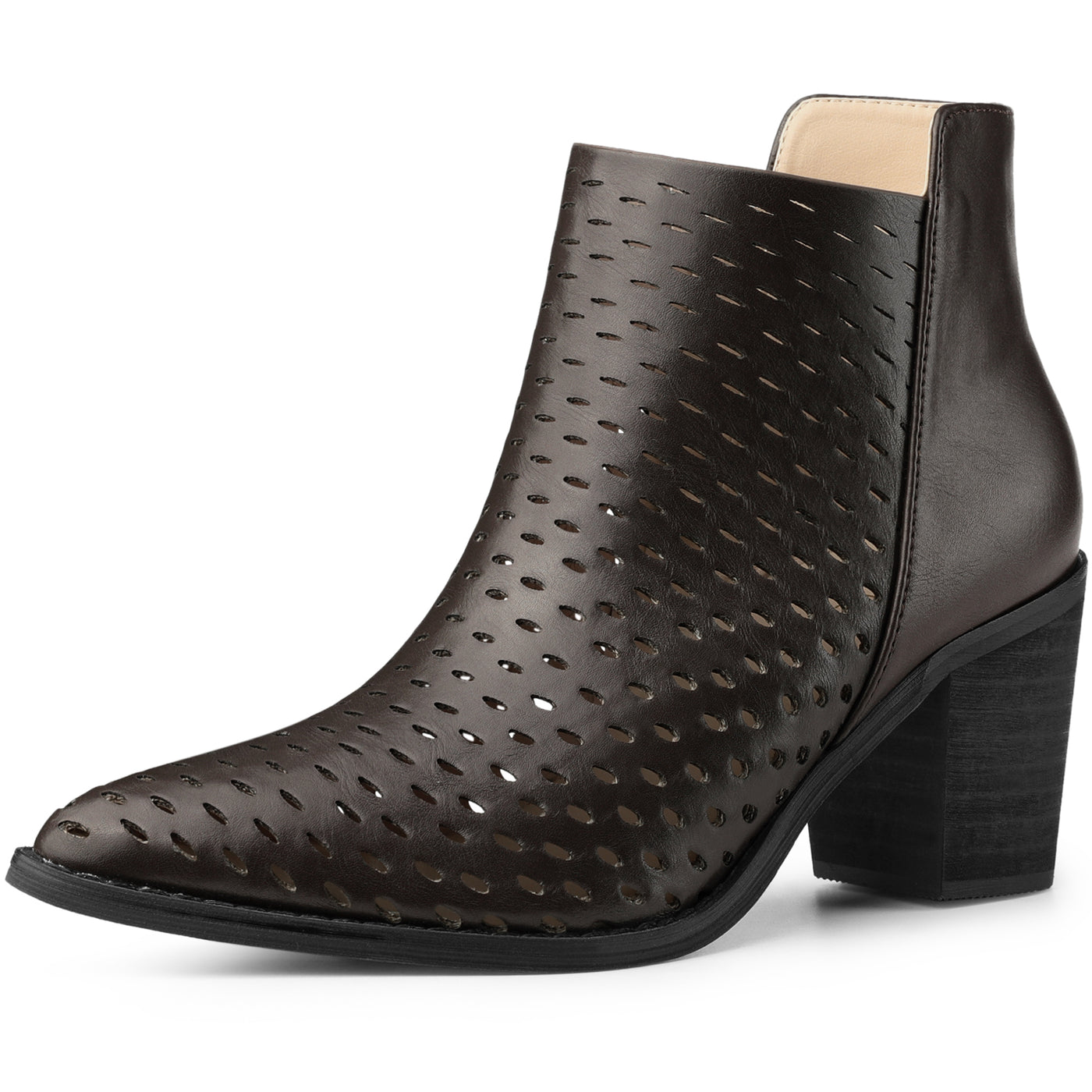 Allegra K Perforated Chunky Heel Zipper Western Ankle Booties