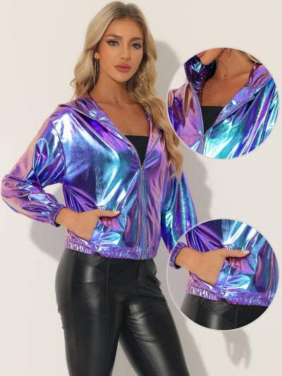 Holographic Hooded Long Sleeve Zipper Metallic Jacket