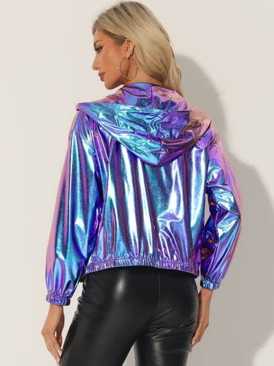 Holographic Hooded Long Sleeve Zipper Metallic Jacket