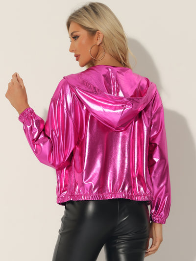 Holographic Hooded Long Sleeve Zipper Metallic Jacket