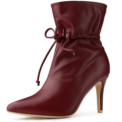 Pointed Toe Drawstring Pull On Stiletto Heel Ankle Boots